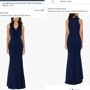 Xscape Navy Ruffle V-Neck Scuba Crepe Maxi Gown